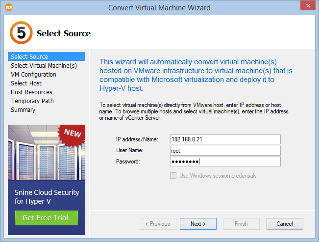 Conversione da ESXi vSphere a Microsoft Hyper-V