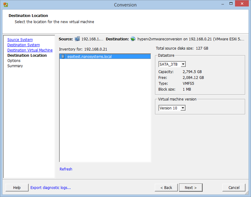 VMWARE to Hyper-v Converter. Hyper-v to VMWARE. Destination and location.