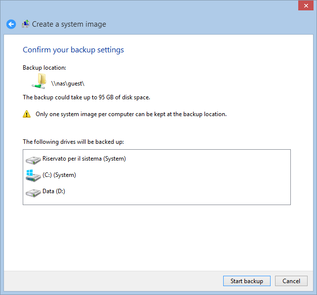 Backup immagine di sistema su Windows 8.1