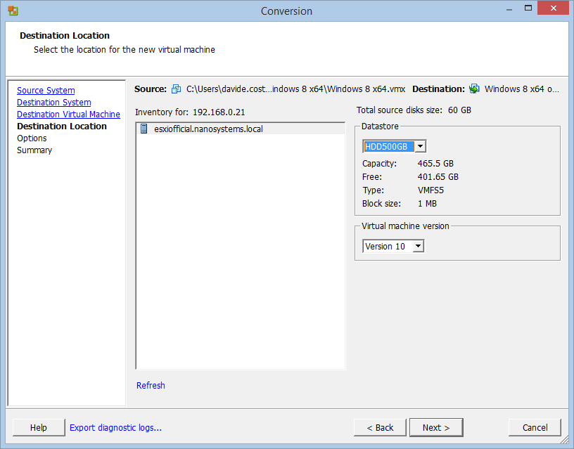 How to convert a VMware Workstation VM into an ESXi one with vCenter Converter