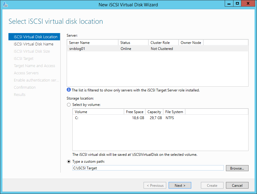 How to create an iSCSI target on Windows 2012
