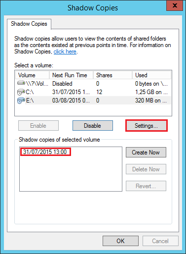 Configuring Volume Shadow Copies on Windows Server 2012 R2