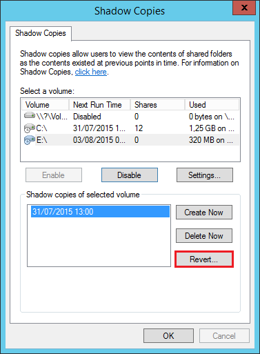 Configuring Volume Shadow Copies on Windows Server 2012 R2